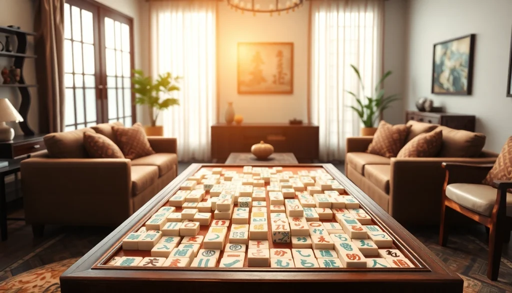 Permainan mahjong yang dipersiapkan dengan indah di ruang tamu yang nyaman.