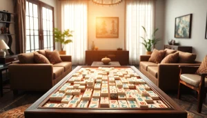 Permainan mahjong yang dipersiapkan dengan indah di ruang tamu yang nyaman.