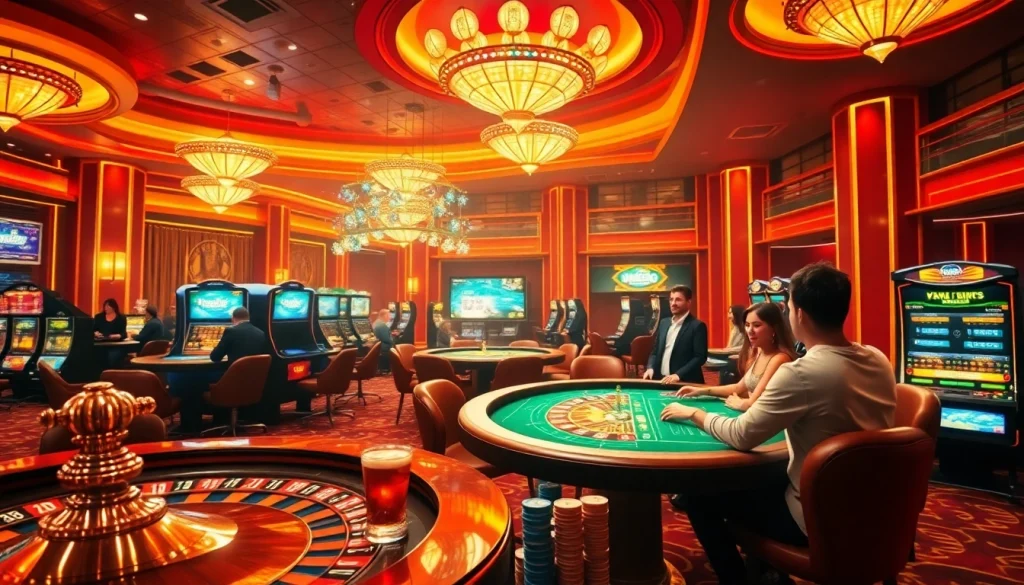 A thrilling casino scene showcasing nk88 with lively players at roulette and poker tables.