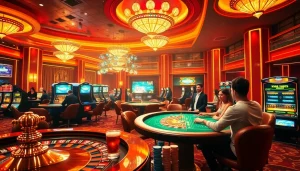 A thrilling casino scene showcasing nk88 with lively players at roulette and poker tables.