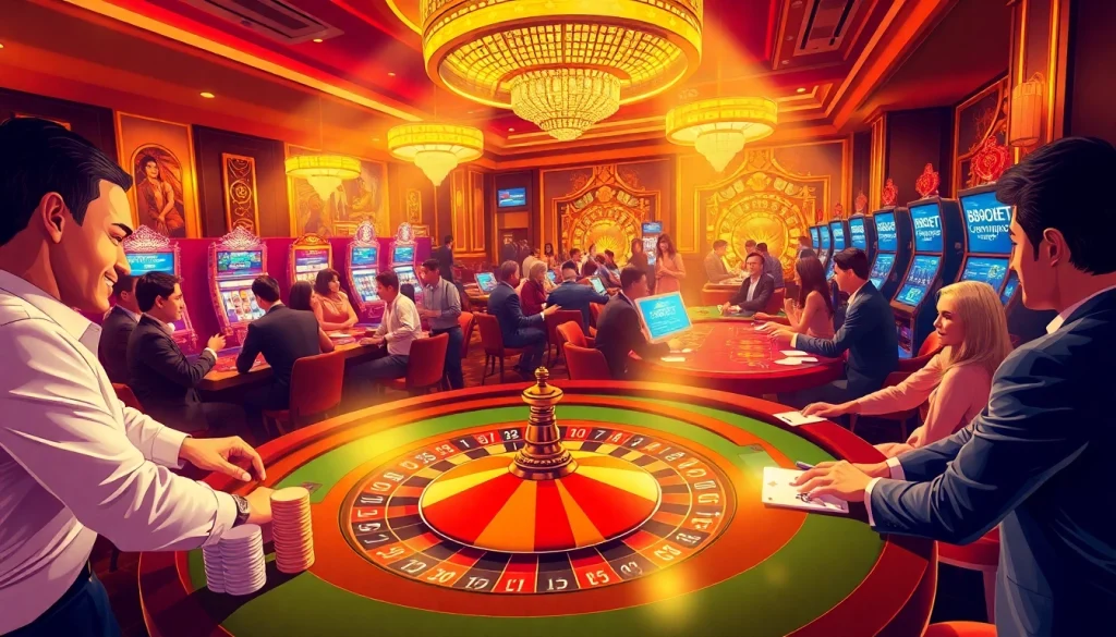 Experience the thrill of SBOBET betting with vibrant casino games and lively players in an upscale setting.