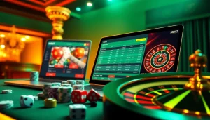 Sbobet online betting interface showcasing thrilling casino elements like chips and dice.