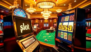 Play slot pulsa at a glamorous casino, featuring vibrant games and thrilling ambiance.