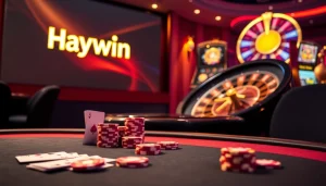 Experience winning moments at Haywin with poker chips and cards in a vibrant casino setting.
