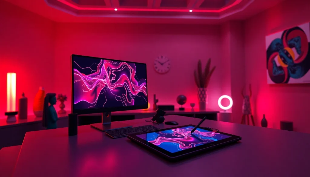 NSFW AI digital workspace showcasing vibrant AI-generated art with a modern aesthetic.