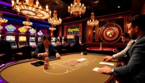 Exciting gambling action at Haywin with poker chips, flashing slot machines, and an elegant casino atmosphere.