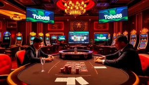 Tobet88bet.com poker scene showcasing high-stakes players and luxurious casino elements.