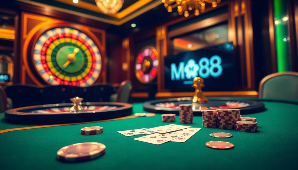 Man88 logo illuminated at a vibrant poker table surrounded by colorful chips and cards.