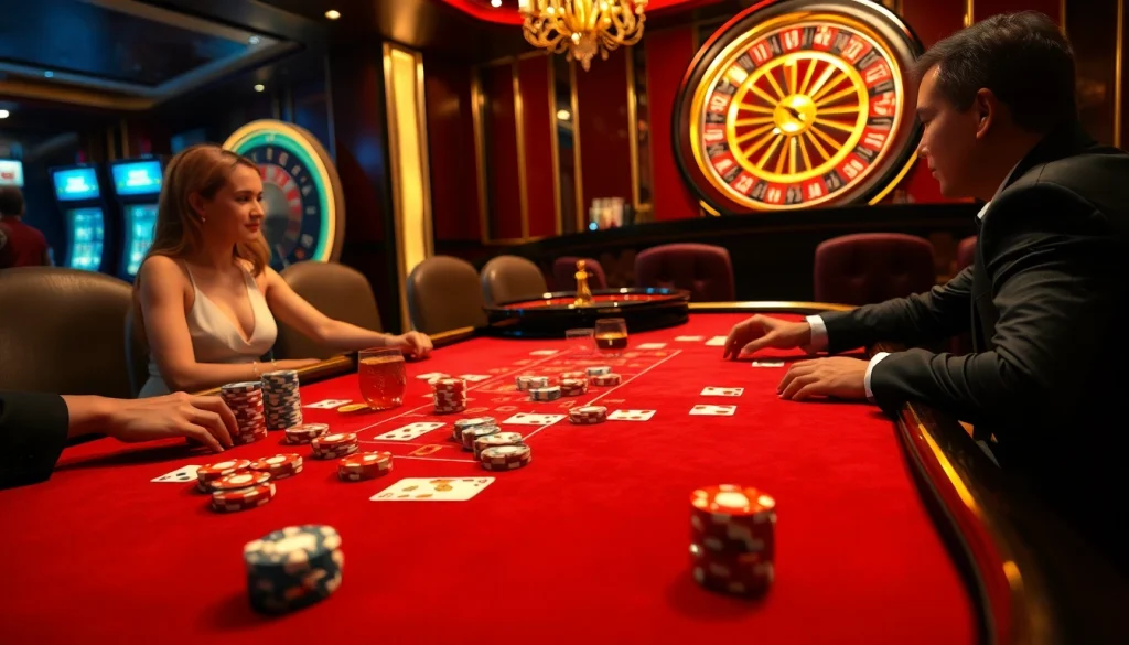 Experience the thrill of gaming with Link TK88 at a luxurious casino table featuring chips and cards.