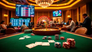 Engaged players enjoying MK8 online gambling with vibrant casino elements and luxury atmosphere.