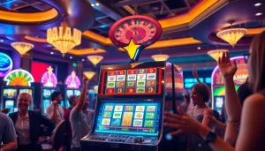 Para pemain menikmati sensasi permainan slot pulsa dalam suasana kasino yang hidup.