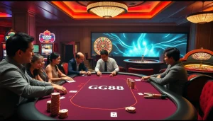 Exciting GG88 casino scene featuring a poker table with players, chips, and roulette wheel.