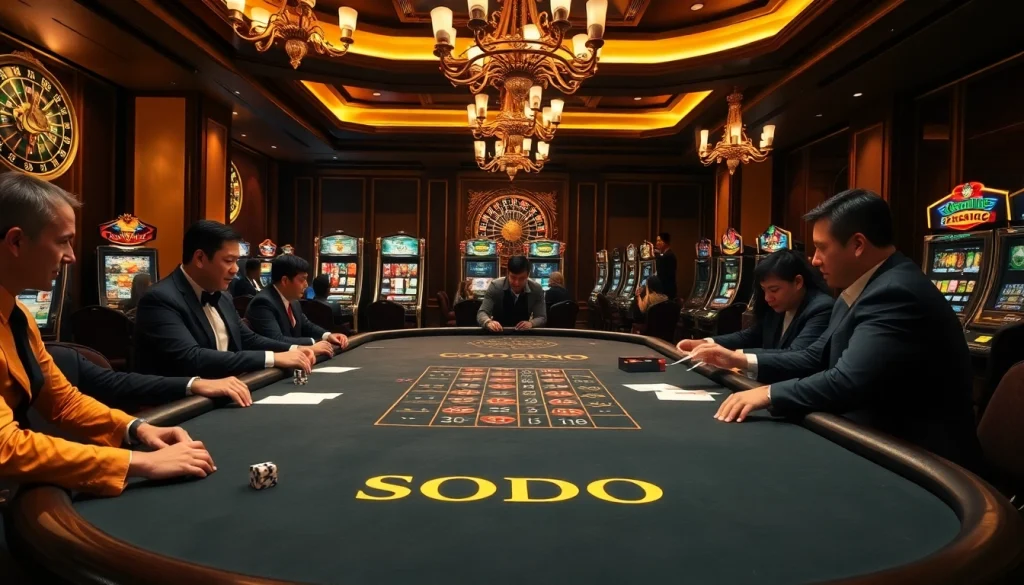 Exciting gambling action at SODO CASINO featuring players, cards, and poker chips.