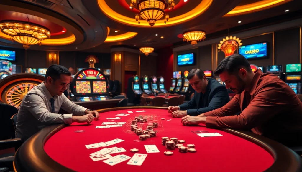 Players engage in a high-stakes game at 88i's luxurious casino table, showcasing excitement and competition.