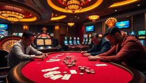Players engage in a high-stakes game at 88i's luxurious casino table, showcasing excitement and competition.