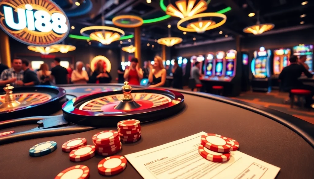 UU88 gambling scene with poker tables and vibrant slot machines in action
