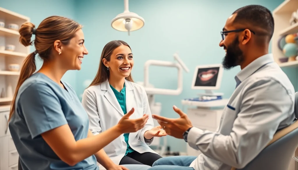 Patient discussing スマイルモア矯正 口コミ with a friendly dentist in a bright dental clinic.
