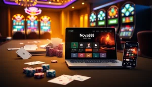 Engage with the thrilling atmosphere of trang chủ nova88 showcasing modern online gambling with poker chips and a roulette wheel.