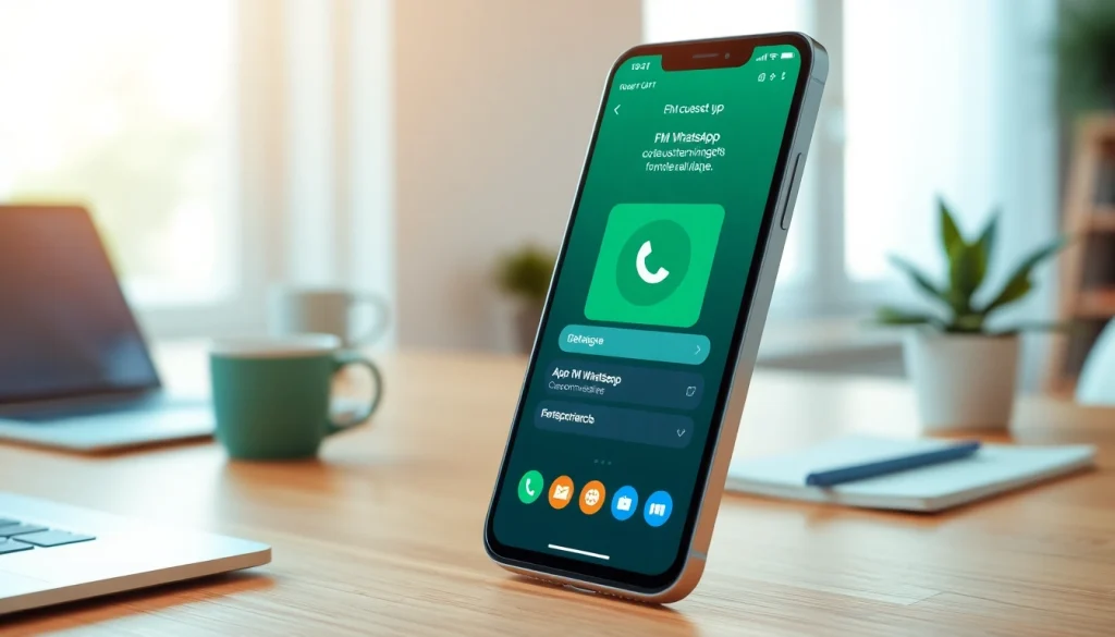 FM WhatsApp features shown on a smartphone in a modern workspace.