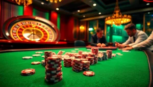 A high-stakes gaming table scene at https://789f.living/, featuring colorful poker chips, cards, and an elegant roulette wheel.