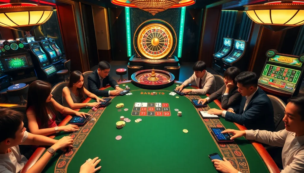Engaging players enjoying baccarat at trang chủ sa88 with vibrant casino elements and a lively atmosphere.