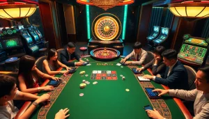 Engaging players enjoying baccarat at trang chủ sa88 with vibrant casino elements and a lively atmosphere.