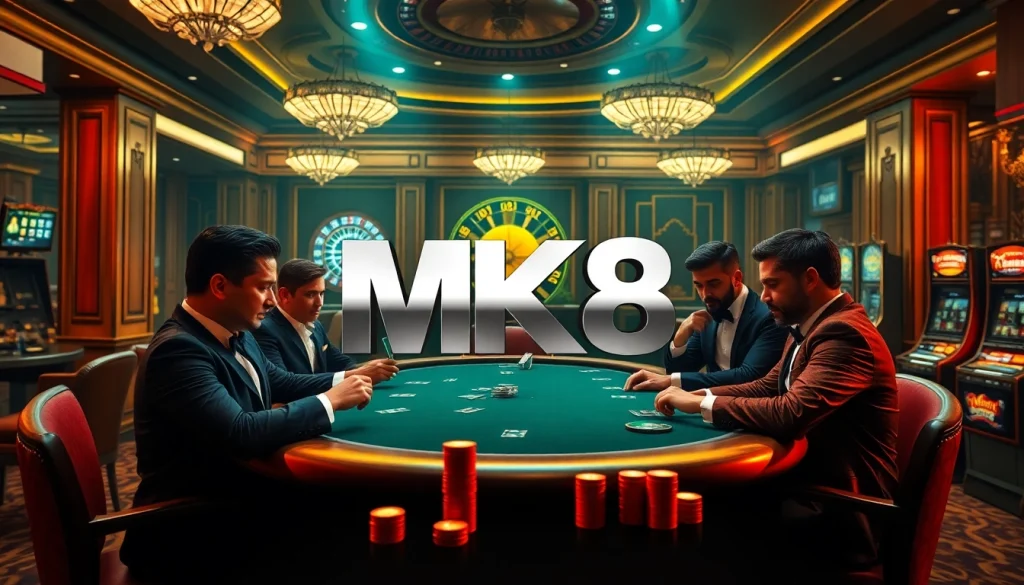 High-stakes poker players engaged at a luxury MK8 casino table with chips and a roulette wheel.