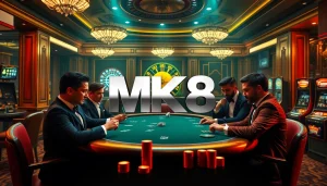 High-stakes poker players engaged at a luxury MK8 casino table with chips and a roulette wheel.
