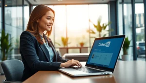 Utilizing LinkedIn account rental for professional outreach from a sleek office space.