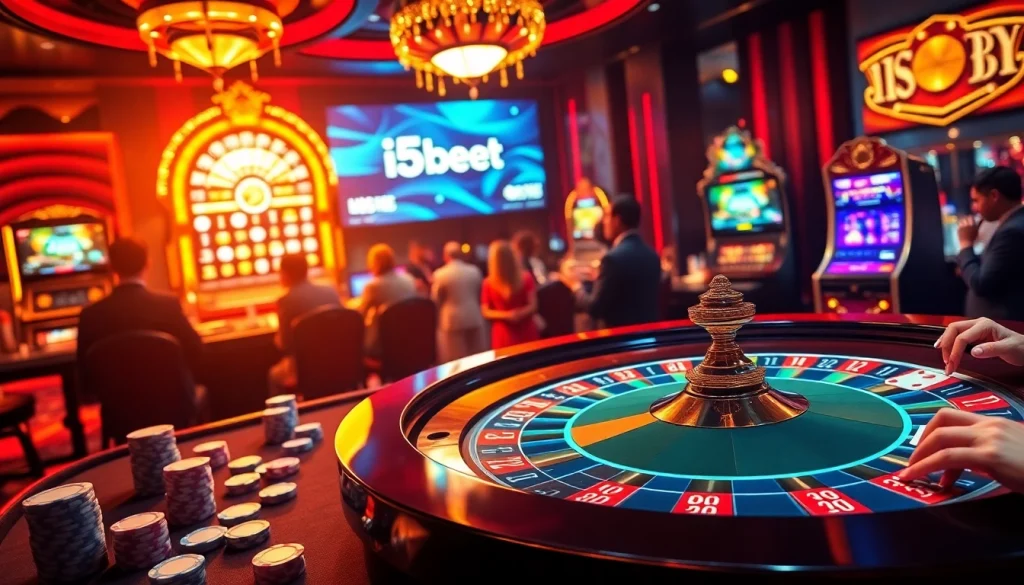 Engage with the vibrant casino atmosphere of nhà cái i5bet, featuring poker games and roulette action.