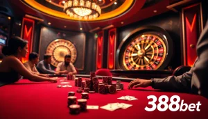 Experience the thrill of high-stakes gambling at 388bet casino with vibrant casino tables and exciting gameplay.