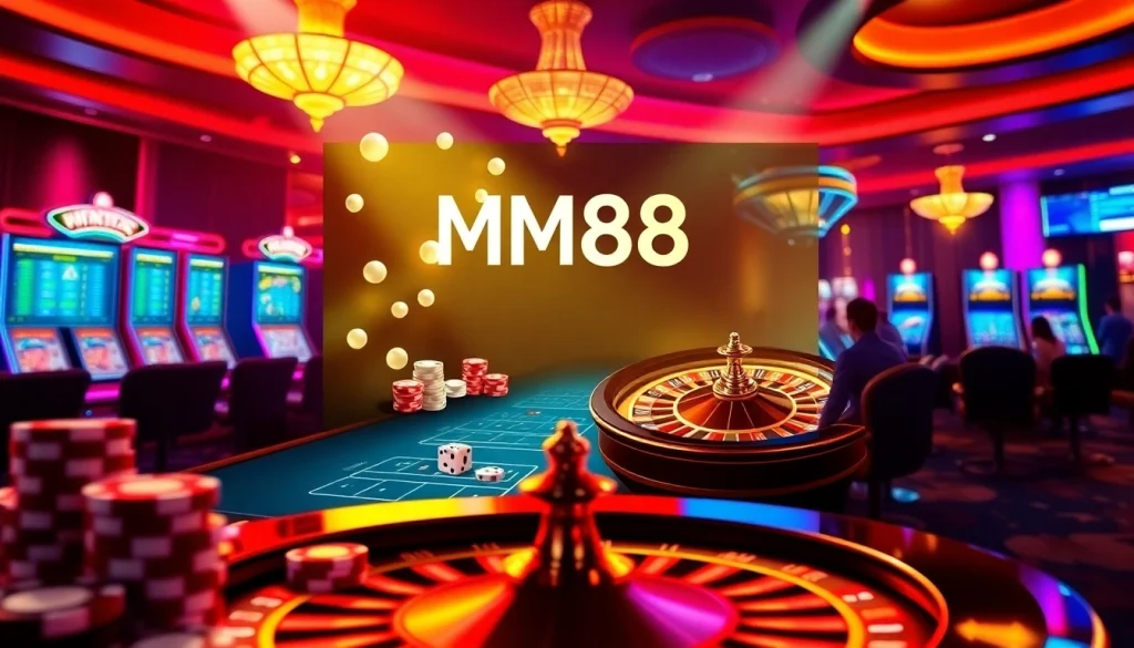 Exciting online gambling scene at MM88 featuring poker chips and roulette wheel.