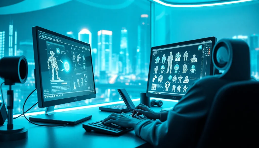 AI nsfw image generator in a futuristic workspace with user interaction