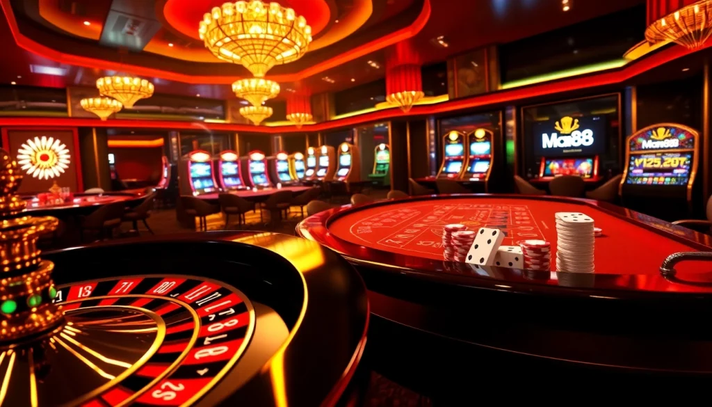 Experience the thrill of gambling at Man88 with vibrant tables and roulette wheels.
