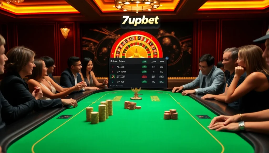 Engaged players experience the excitement of 7upbet at a luxurious poker table in a vibrant casino.