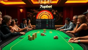 Engaged players experience the excitement of 7upbet at a luxurious poker table in a vibrant casino.