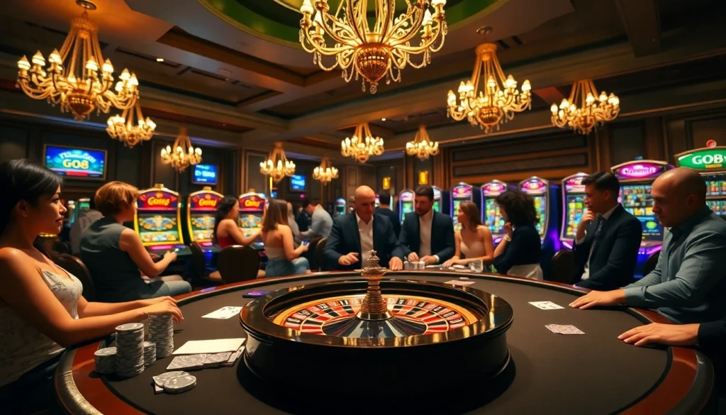 Players enjoy an exciting poker game in a luxurious casino setting with GO8 branding.