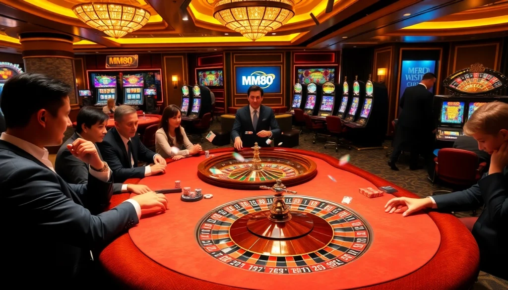 MM88 gamblers enjoying a vibrant casino experience with poker tables and roulette wheels.
