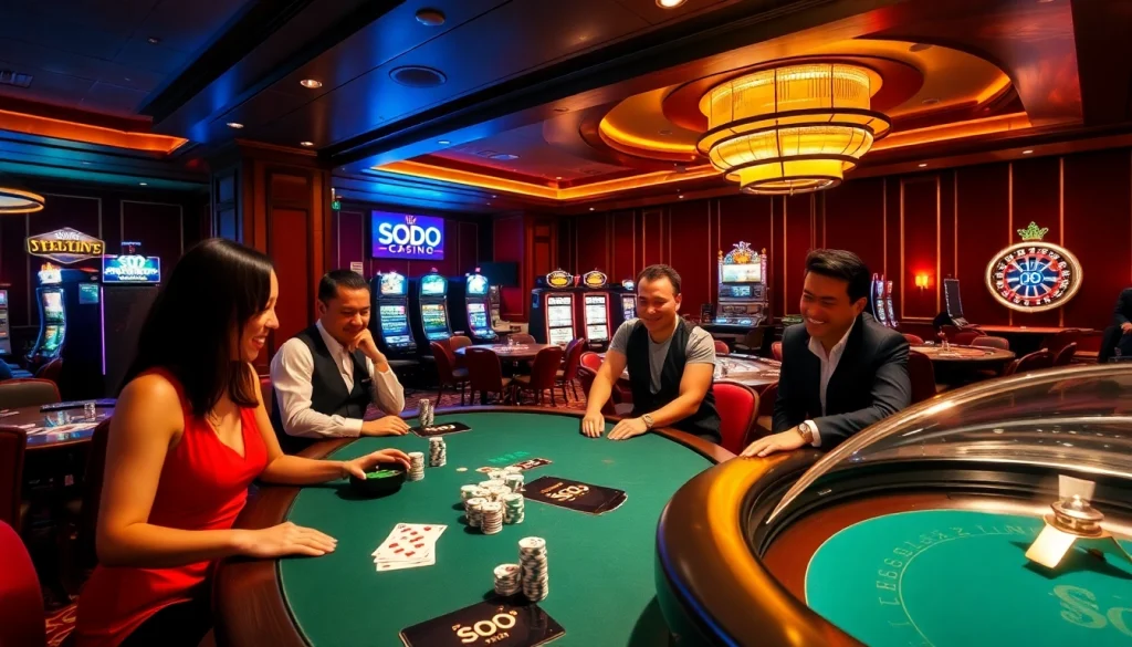 SODO Casino players enjoying high-stakes poker and slot machines in a vibrant casino atmosphere.