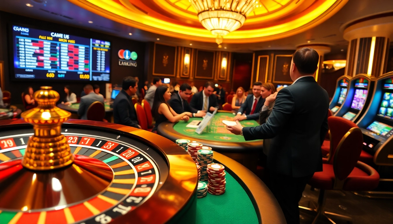 Scène excitante dans un meilleur casino en ligne avec des jeux vibrants et des croupiers professionnels.