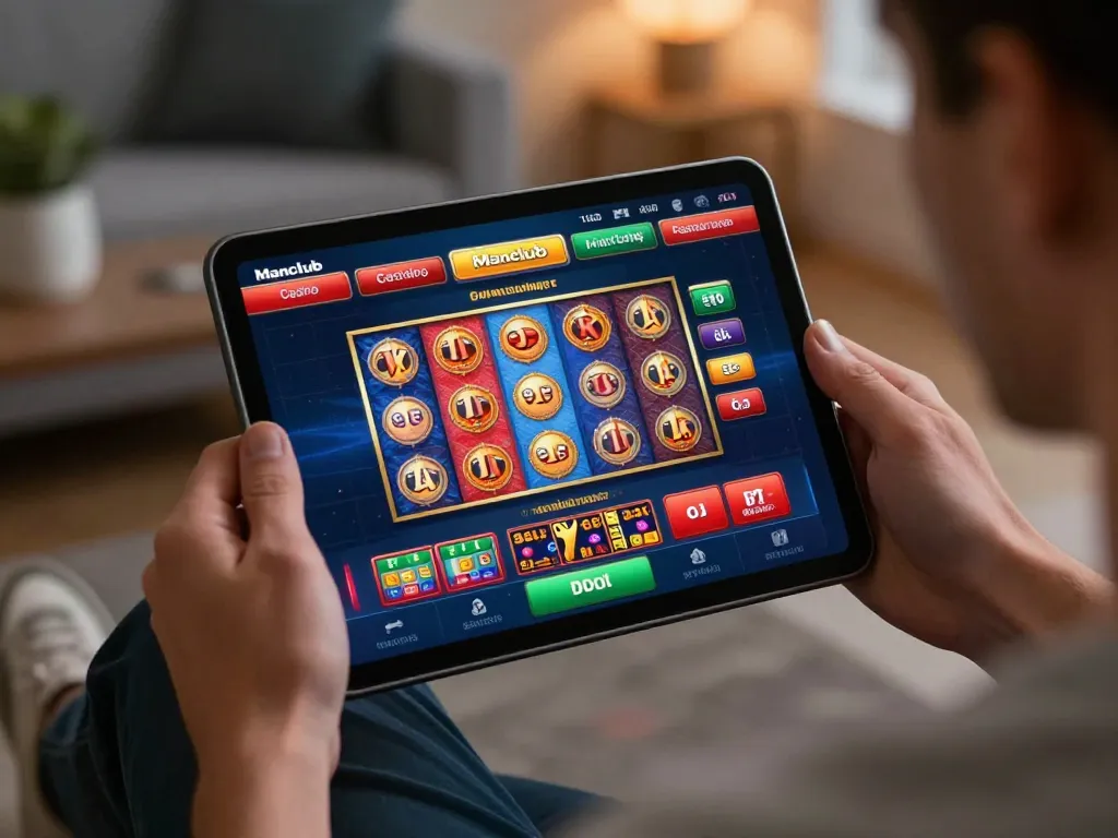 Engaged player exploring the Manclub casino app interface for strategic online gambling