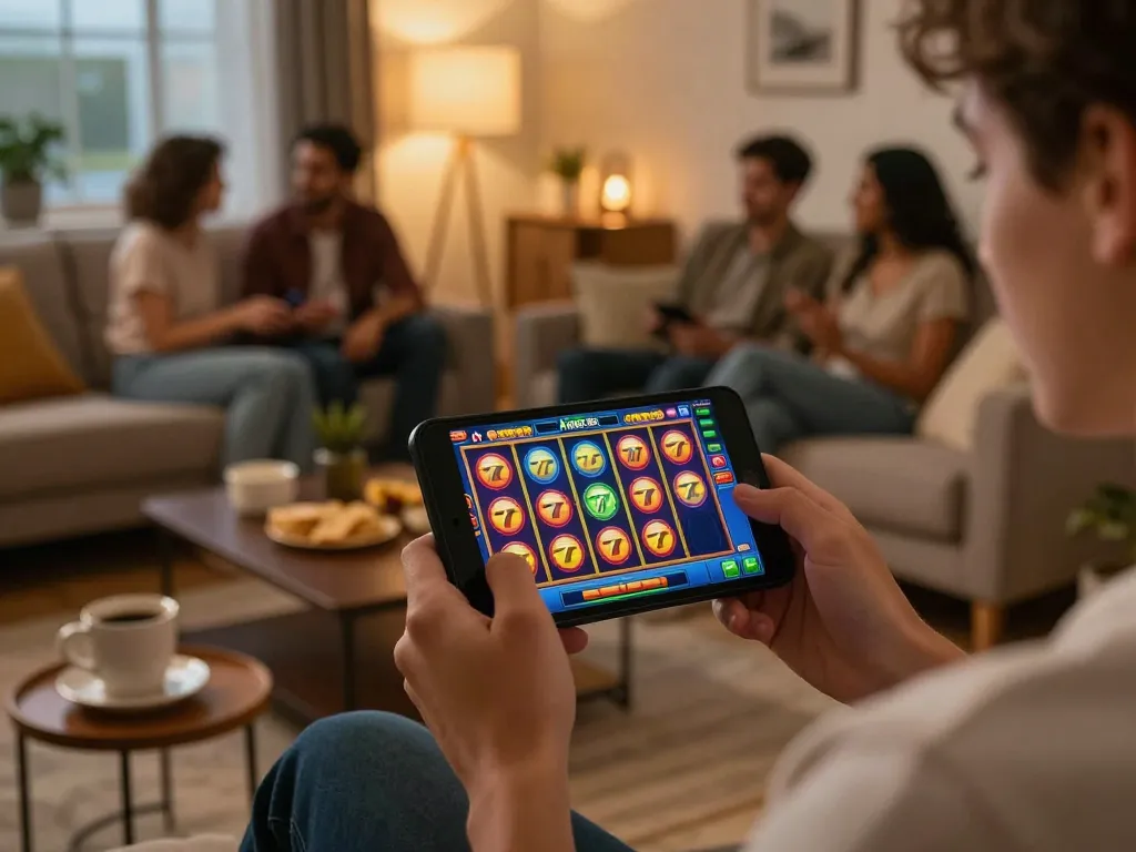 Engaging gameplay on alexis77 slot app within a cozy home setting, highlighting vibrant slot reels.