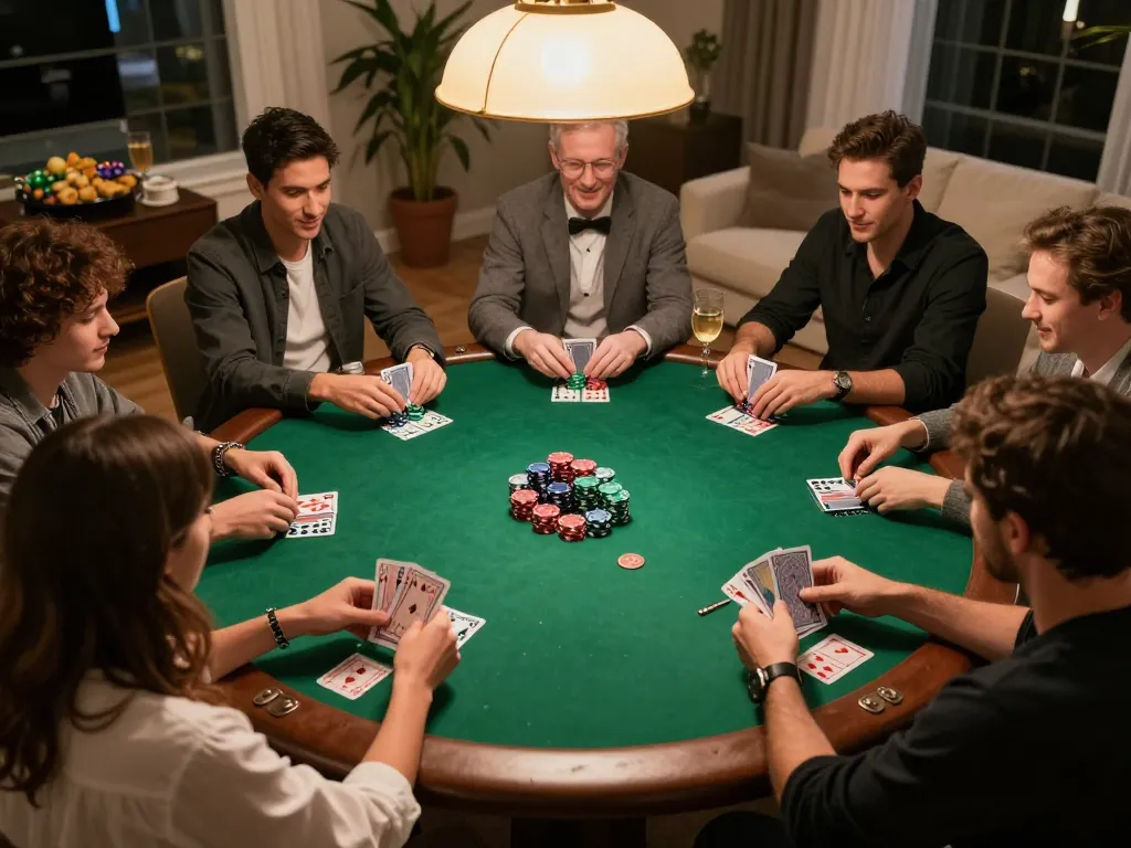 Engaged players enjoying a home poker night, playing cards and managing chips at a round table, manclub atmosphere.