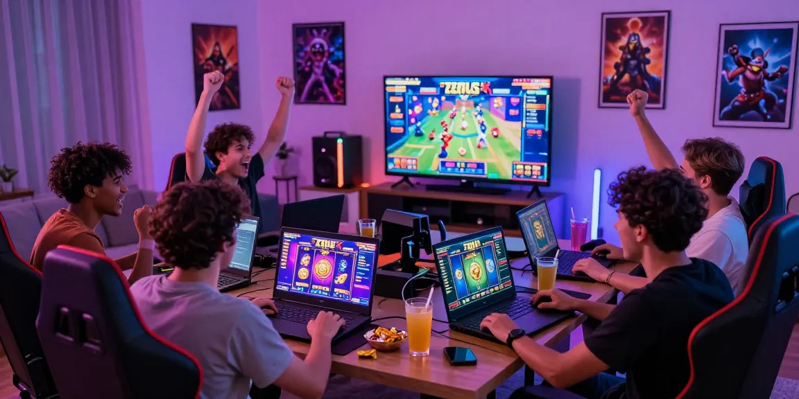 Friends excitedly playing slot gacor online with Zeus Slot Apk on various devices.