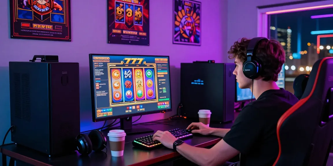 Engaging online gaming atmosphere showcasing a player immersed in a slot777 game, with vibrant visuals and gaming peripherals.