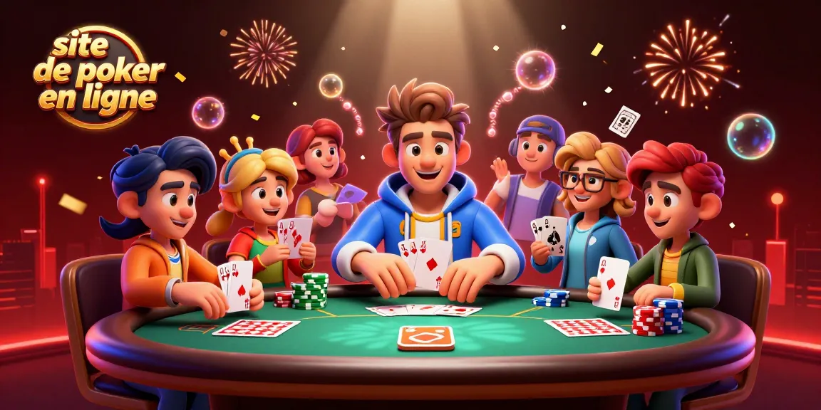 Vivez l'excitation du site de poker en ligne avec des personnages jouant intensément autour d'une table de poker.