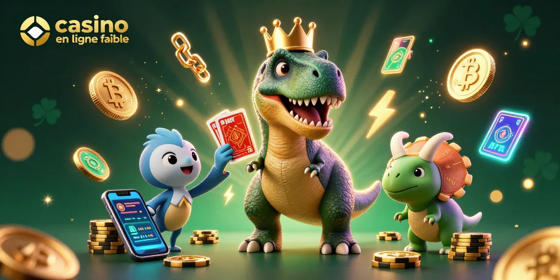Jouez à un casino en ligne fiable avec une scène animée de dinosaures s'amusant aux cartes et aux jetons.