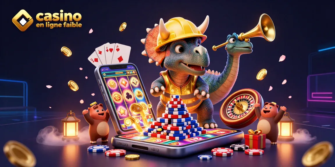 Construction du casino en ligne fiable avec un dinosaure et des jetons colorés.