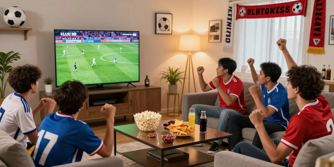 Streaming bola di ruang tamu ramai dengan penggemar yang menonton pertandingan dengan gembira.