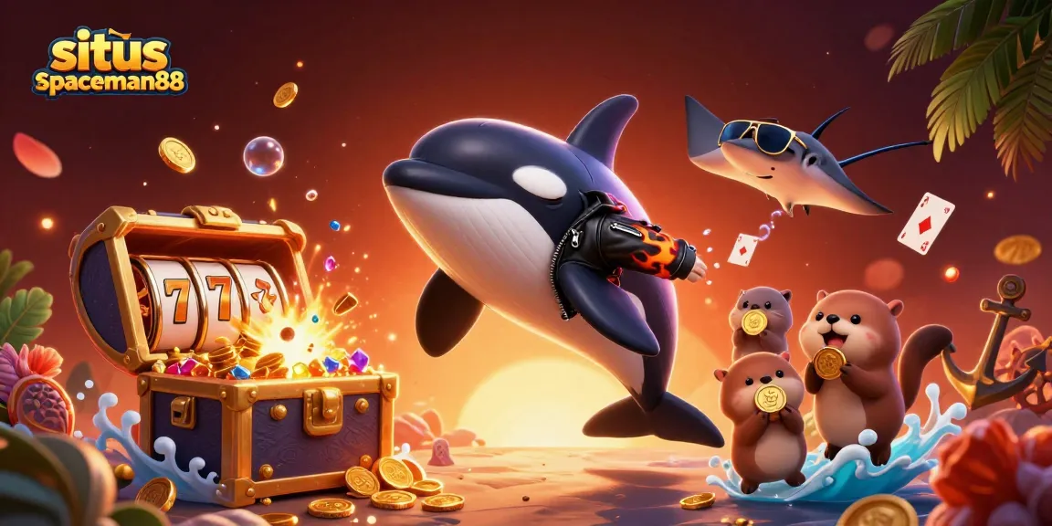 Play thrilling games with situs spaceman88, featuring a vibrant cartoon scene of characters winning coins and jackpot.